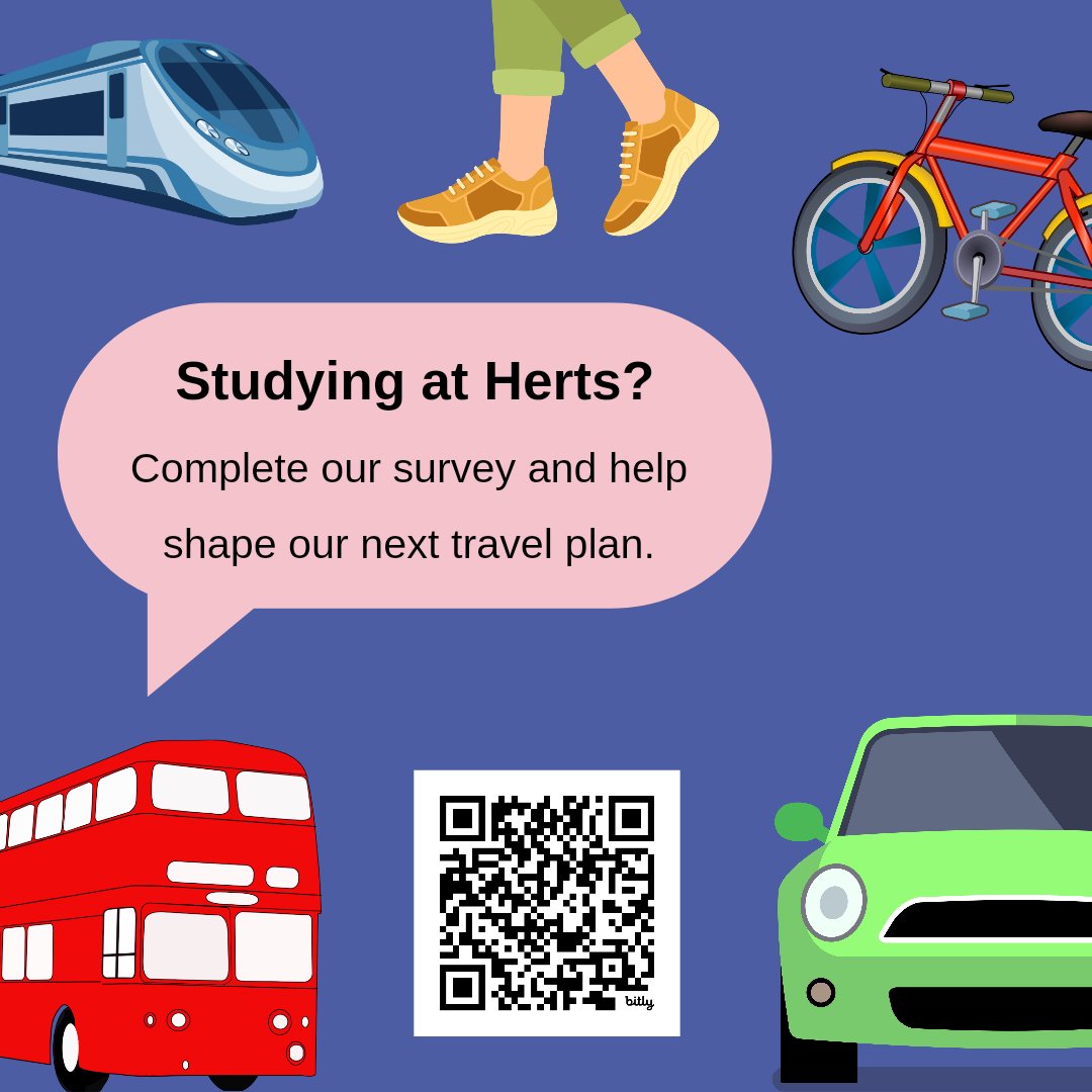 📢 @UniofHerts students we need your help! By completing this brief travel survey, you’ll help shape our travel plan and make traveling to campus more enjoyable and sustainable for all. Thank you! 🙌 bit.ly/3QKBYt0 Survey closes at the end of the month.