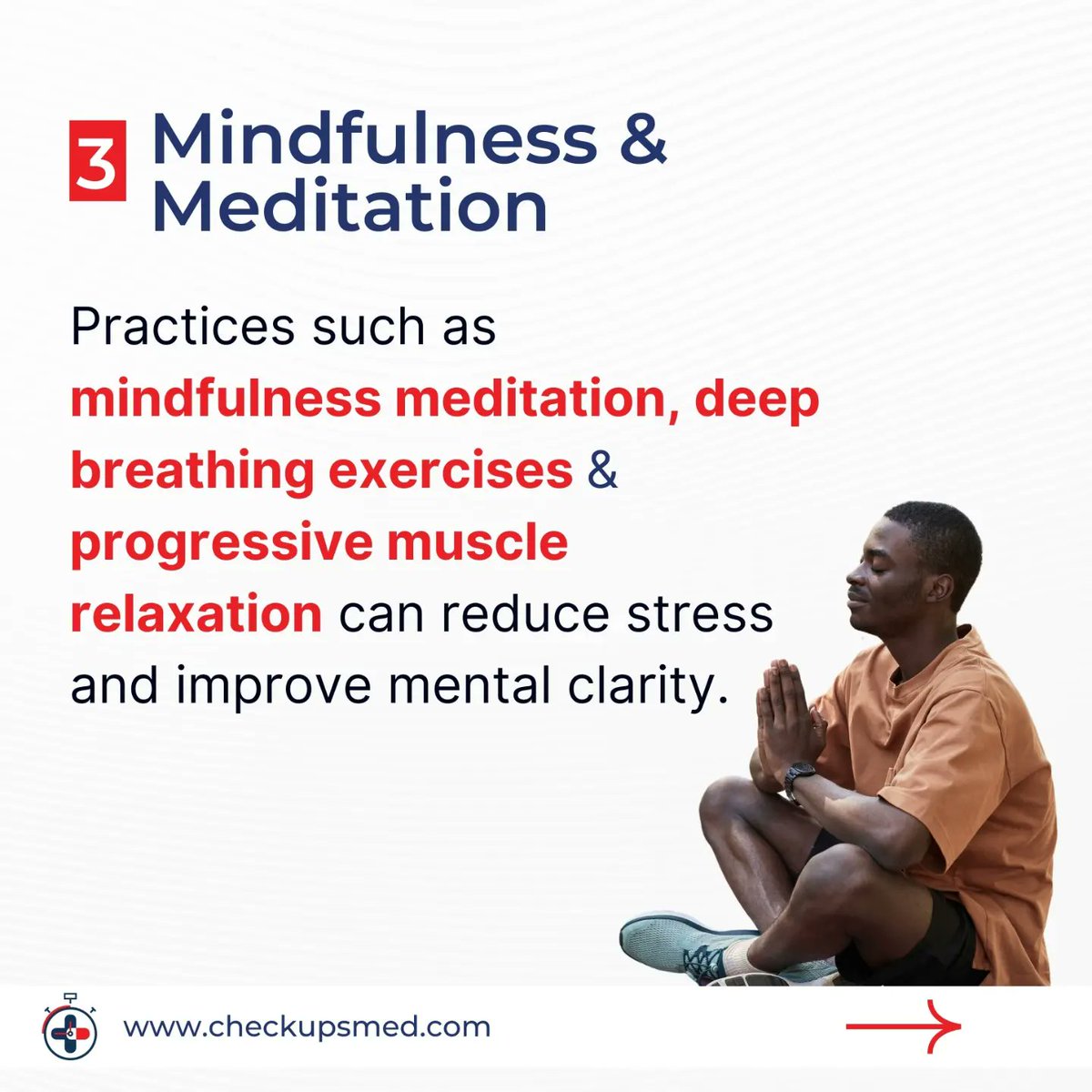 Prioritize your peace by incorporating daily mindfulness practices such as meditation, exercise...etc.. Remember taking care of your mental wellbeing is essential for a balanced and fulfilling life.

#CheckUpsMedical 
#CheckUpsCOVA 
#EmbraceWellbeingWithCheckUps