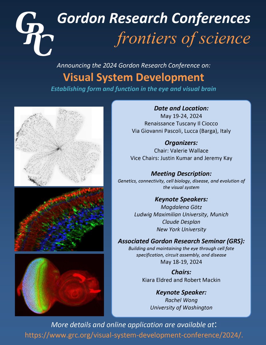 The 2024 Visual System Development GRS/GRC starts this weekend! It is going to be a great meeting. Valerie Wallace, @jnk_lab, and I are looking forward to seeing you in beautiful Italy. Safe travels to all attendees. Use #GRCvisualsystems to tweet about and follow the conference.