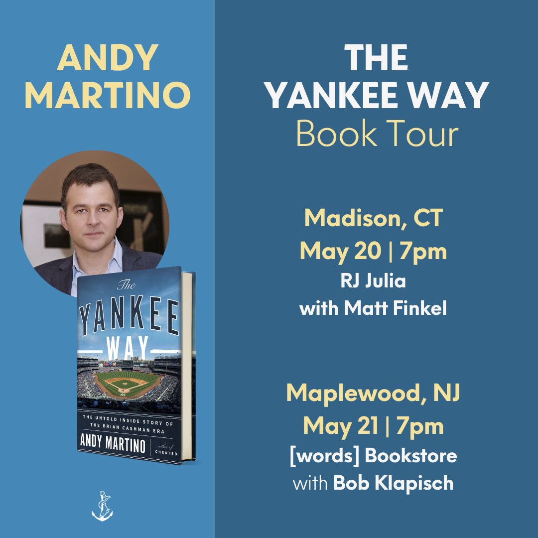 CONNECTICUT! Come meet me Monday at @rjjulia Monday night. NEW JERSEY! Come Tuesday night to @wordsbookstore , where I’m excited to be interviewed by my friend @BobKlap. We can talk about anything. Mets too. I’ll sign copies of The Yankee Way. Love meeting you IRL .