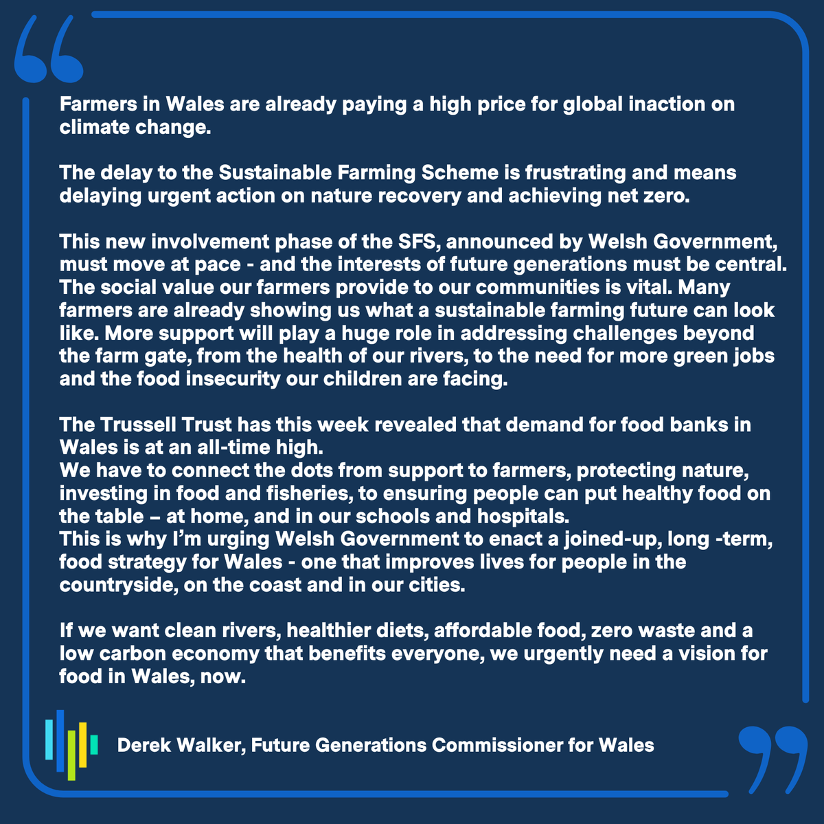 Statement: Farmers in Wales are already paying a high price for inaction on climate change. Sustainable Farming Scheme delay is frustrating and we need a new vision for food in Wales now, says Future Generations Commissioner, Derek Walker. 🔗futuregenerations.wales/news/statement…