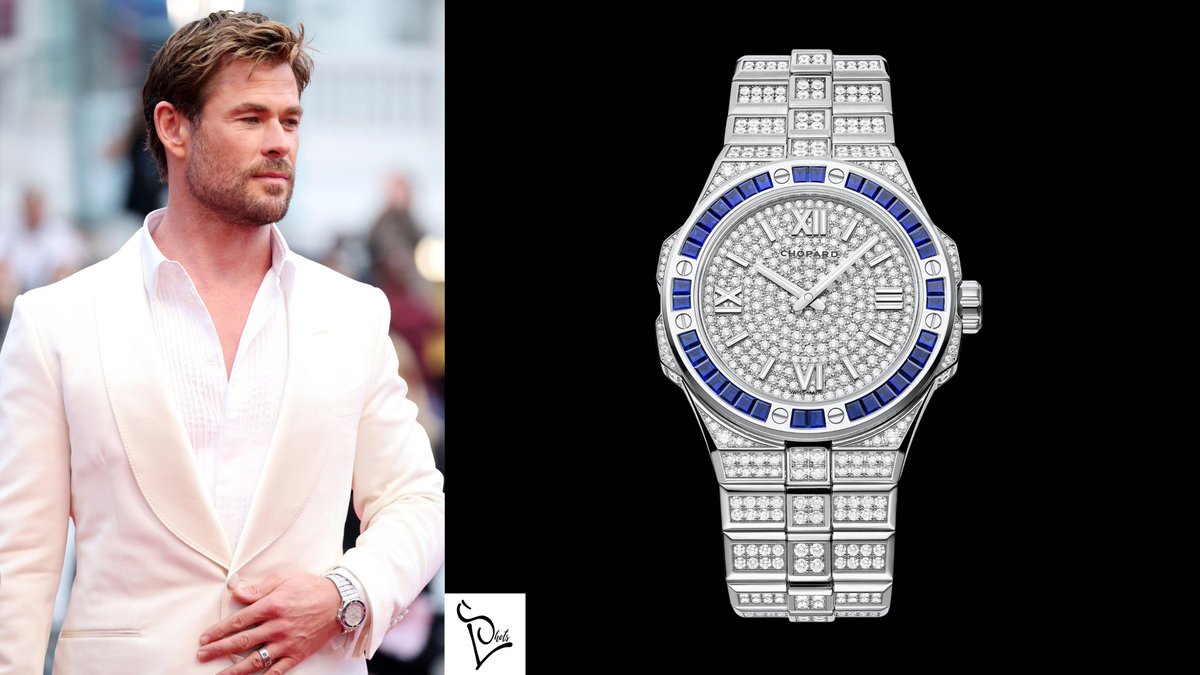 Australian actor @chrishemsworth arrived at the #cannes2024 wearing a #Chopard Alpine Eagle 41 Ref.295363-1002 in 18k white gold. It features a case and bracelet entirely set with diamonds while the bezel is set with blue sapphires. Retail Price : $175k #chrishemsworth #furiosa