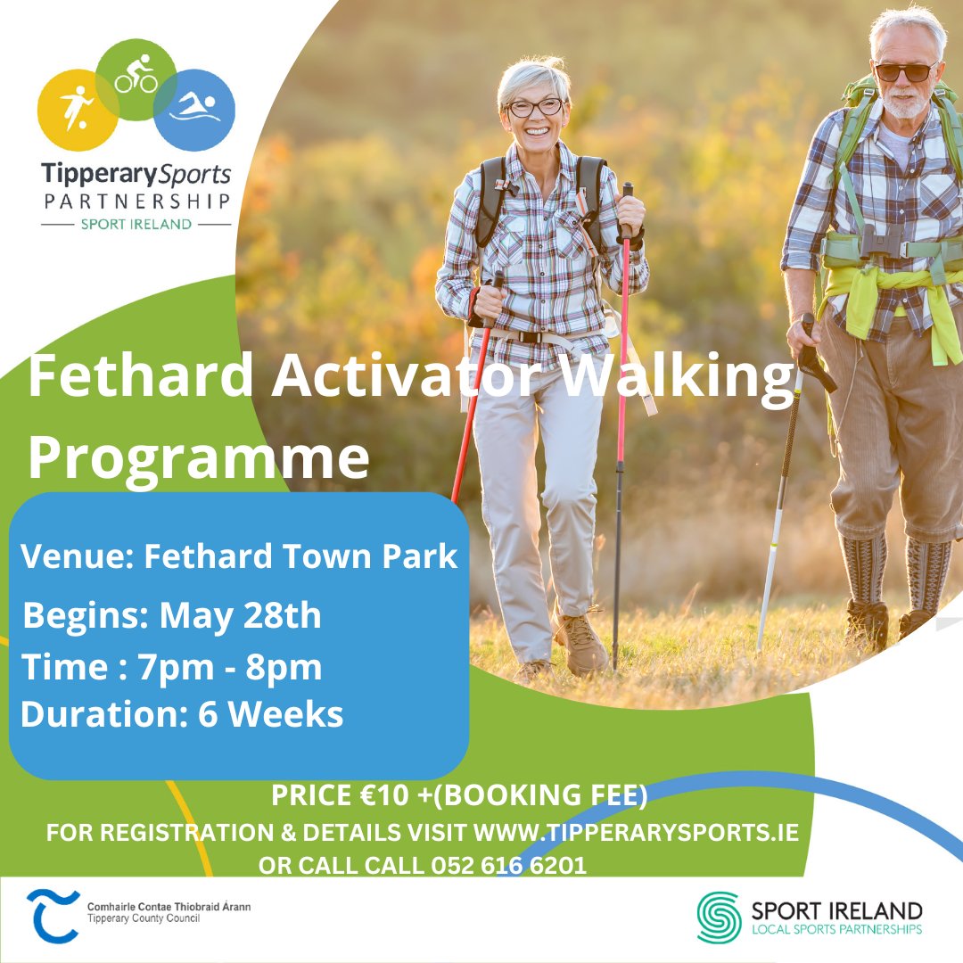 6 week 𝗔𝗰𝘁𝗶𝘃𝗮𝘁𝗼𝗿 𝗪𝗮𝗹𝗸𝗶𝗻𝗴 𝗣𝗿𝗼𝗴𝗿𝗮𝗺𝗺𝗲 is starting on May 28th in @Fethardtownpark 🚶‍♂️🚶🙂 🔗 bit.ly/3WCNCdk @SportIreland @TipperaryCoCo #beactivetipperary #activatorwalking