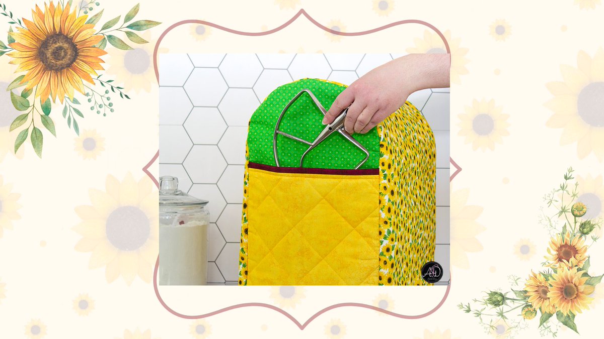Keep your stand mixer mess free and gleaming with my quilted mixer cover! The gorgeous sunflowers, dotted patterns, and colors are sure to bring smiles for years to come!
#sunflowerdecor #seasonaldecor  #handmadegiftitems #andegdesign #standmixercover #quiltedhandmadedecor