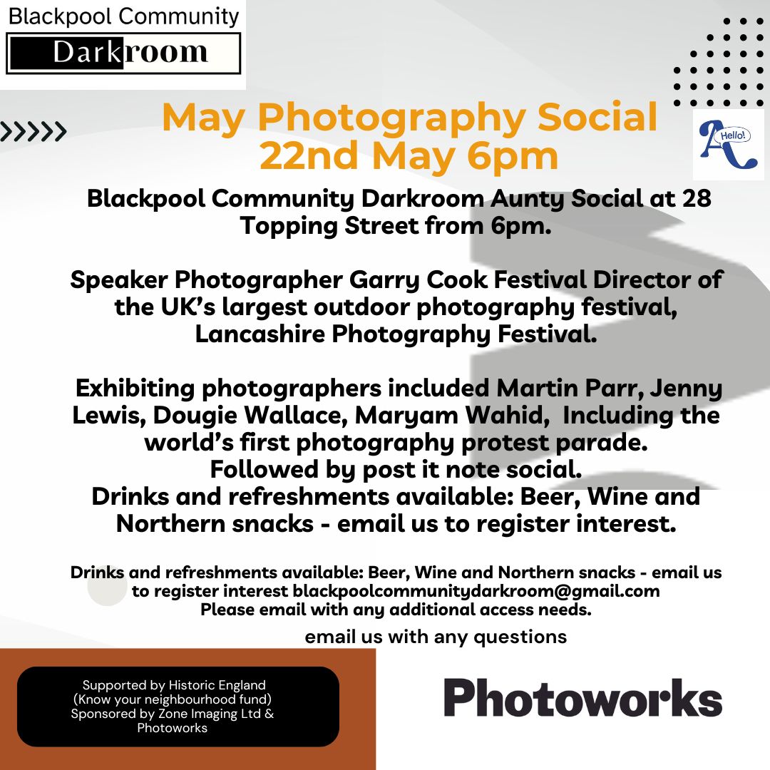 #photographysocial @_AuntySocial_Topping Street with speaker @gazcook e: blackpoolcommunitydarkroom@gmail.com Supported by @photoworks_uk Photography Champions is a national initiative led by Photoworks, supported by public funding through Arts Council England’s National folio
