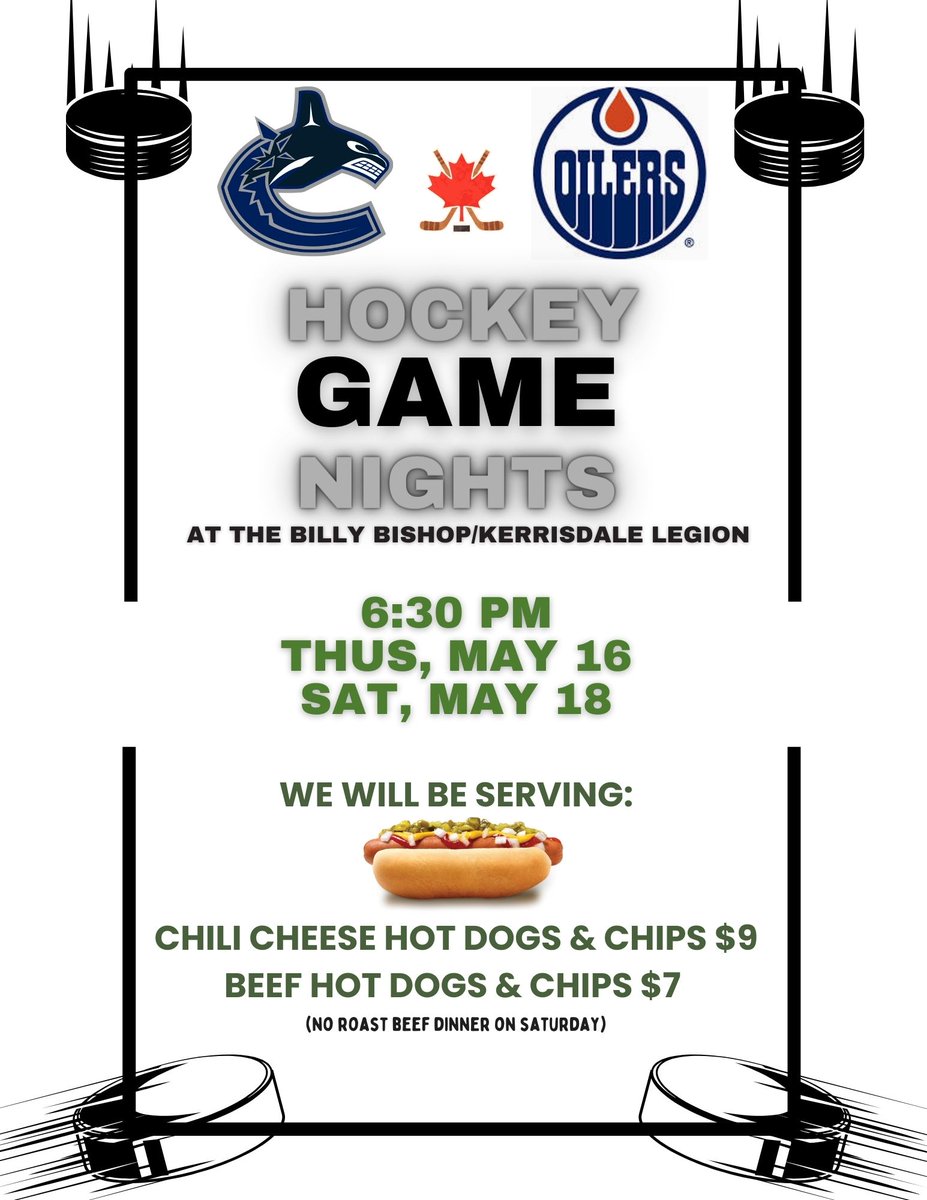 Game Six of the Canucks/Oilers Stanley Cup playoff match-up starts tonight at 7:00 PM PDT. We're serving chili cheese hotdogs with a side of chips for 9$ or a regular beef hotdog and chips for $7. See you at the Branch! #Vancouver #GoCanucksGo #StanleyCupPlayoffs