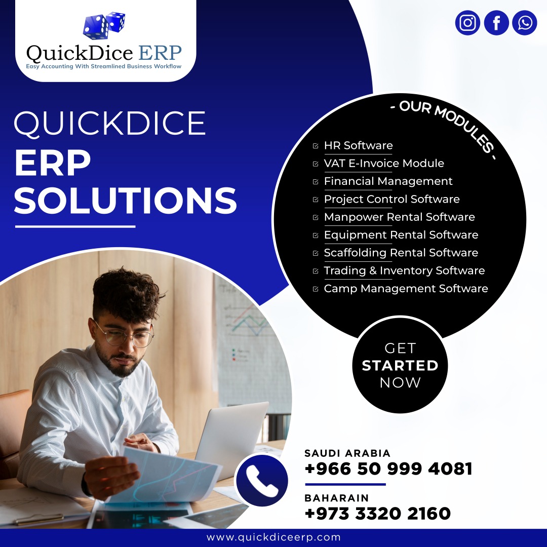 Boost Saudi business efficiency & growth with QuickDice ERP. Tailored solutions optimize workflows & profitability. Streamline operations for success. #pulseinfotech #pulseinfotechco #quickdice #quickdiceerp #quickdiceinvocing  #saudiarabiabusiness 
  
🌐quickdiceerp.com