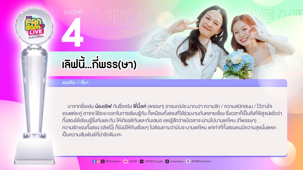 EFM_STATION's tweet image. ชื่อที่ 4 “เลิฟนี้...กี่พรร(ษา)”
ชอบชื่อนี้ รีทวิตโพสต์นี้ได้เลยค่าาา✨

#MILKLOVExFANDOMLIVE #EFMFANDOMLIVEAWARDS