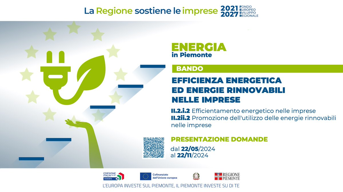 📣 Dalle ore 10.00 del giorno #22maggio 2024 sarà possibile presentare le domande per il bando che promuove l'efficienza energetica nelle #imprese piemontesi - FESR 21-27 🔽
regione.piemonte.it/web/temi/fondi… 
#piemonteimprese