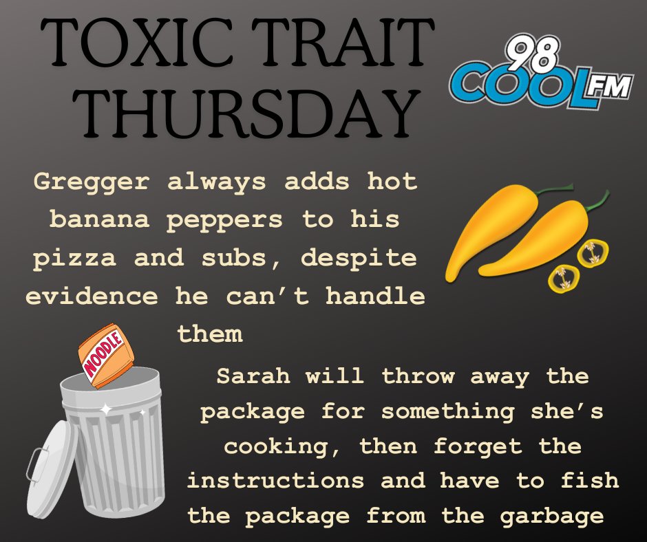 It's Toxic Trait Thursday! Let's have some fun and get those traits off our chest! - Cool Mornings w/ @SaskGregger and @sarahthesquid Listen Live: player.listenlive.co/11811