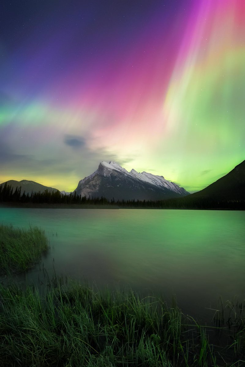 Breathtaking Aurora over Vermilion Lakes in Banff National Park, Canada