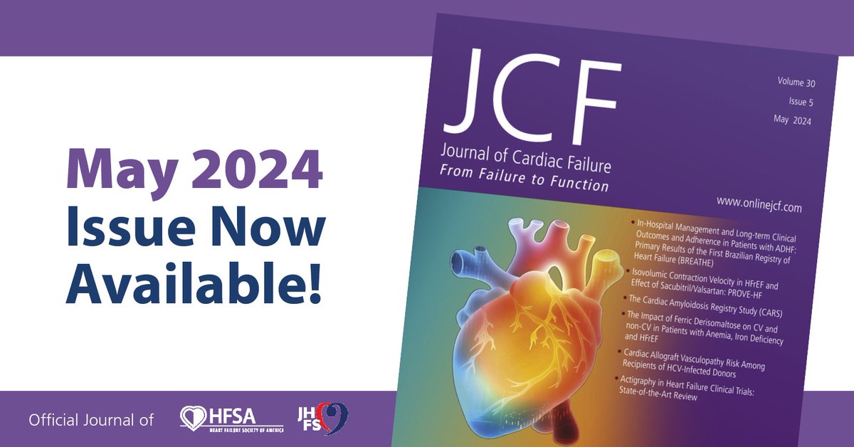 The May issue of @JCardFail is now available online! ▶️ Isovolumic Contraction Velocity in HFrEF ▶️ The Cardiac Amyloidosis Registry Study (CARS) ▶️ Actigraphy in HF Clinical Trials: State-of-the-Art Review Read more >> onlinejcf.com/current#