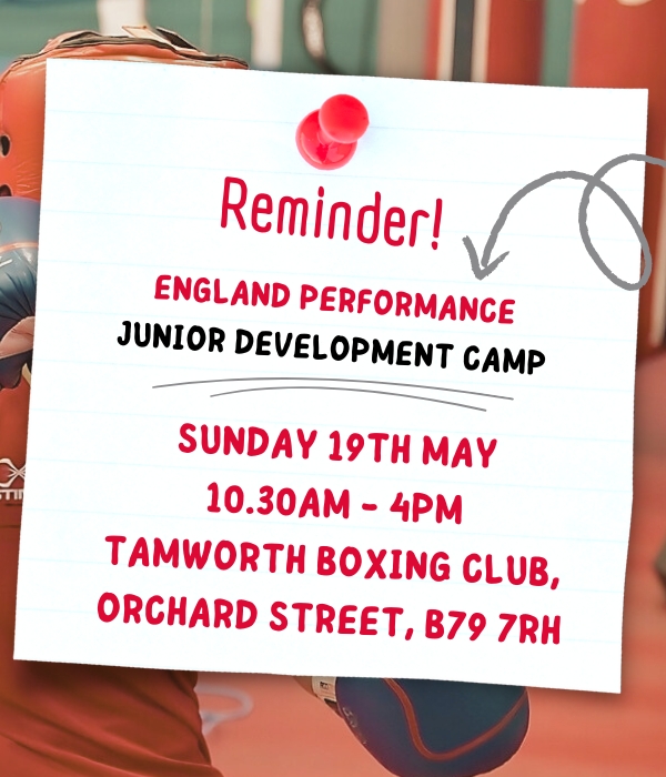 REMINDER 🚨 ALL Junior Development boxers, your first day camp is quickly approaching! 👇 📆 Sunday 19th May 🕰️ 10.30am - 4pm 📍 Tamworth Boxing Club, B79 7RH Details 🔗 tinyurl.com/4c9zykh4 #EnglandPerformance