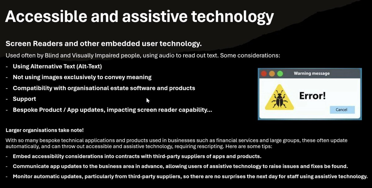 Ensuring #Accessibility in tech means more than just good intentions. It involves thoughtful design and constant updates, especially for screen readers and other assistive technologies. Make sure your tech is truly accessible! #InclusiveDesign #TechForAll #Virtua11y2024