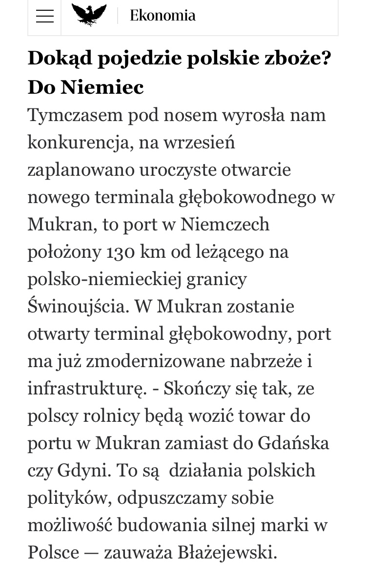 Odwołano budowę terminali zbożowych w Gdyni i Gdańsku, żeby nie robić konkurencji dla nowego niemieckiego terminalu w Mukran (Rugia), który przejmuje eksport zboża ukraińskiego i polskiego.