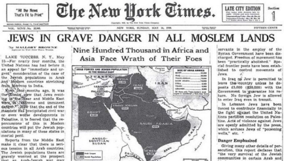 On this day in 1948: '900,000 (Jews) in Africa and Asia face wrath of their (Muslim) foes' Only Iran, under the Shah, didn't force a mass exile of Jews. Meanwhile, our people were ethnically cleansed by every Arab regime. This was the actual Nakba.