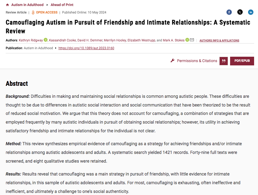 Camouflaging autism in pursuit of friendships: systematic review by Kathryn Ridgeway & colleagues reports camouflaging is a main strategy for pursuing friendship but is exhausting. Social motivation theory could reveal alternative strategies NEW, FREE: liebertpub.com/doi/10.1089/au…
