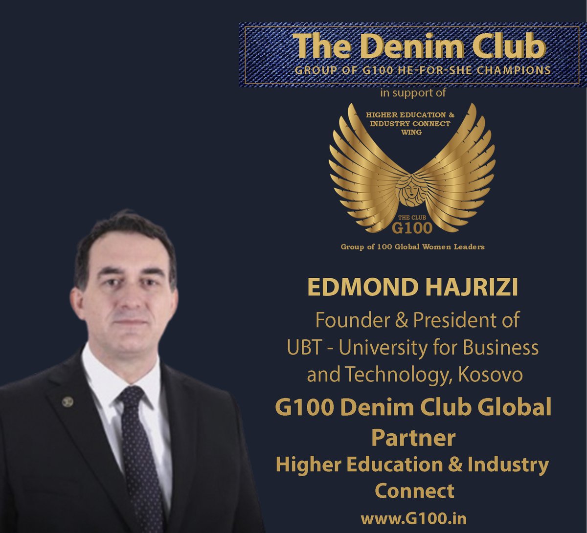 On behalf of Dr. Gordana Nikolic, G100 Global Chair Higher Education & Industry Connect, welcoming for this wing G100 Denim Club partner & inspiring leader, Edmond Hajrizi, Founder & President of UBT - University for Business and Technology, Kosovo. #G100denimclub #HeForShe