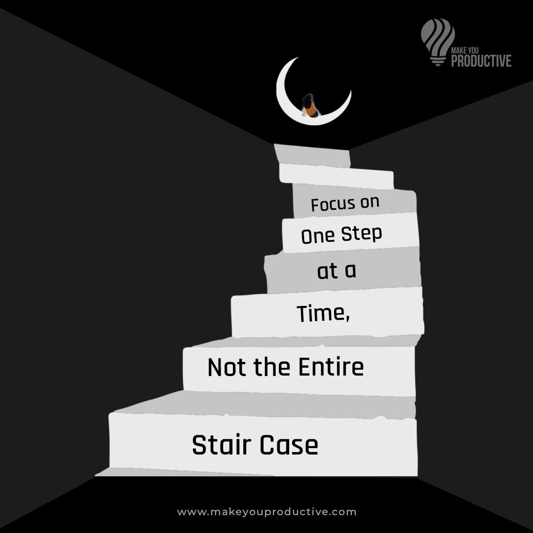 Focus on one step, not the entire staircase. Break down your goals into manageable tasks, taking one step at a time towards your ultimate destination. #MakeYouProductive #OneStepAtATime #FocusOnProgress #GoalSetting #AchievementMindset #TakeTheFirstStep #FocusOnTheJourney
