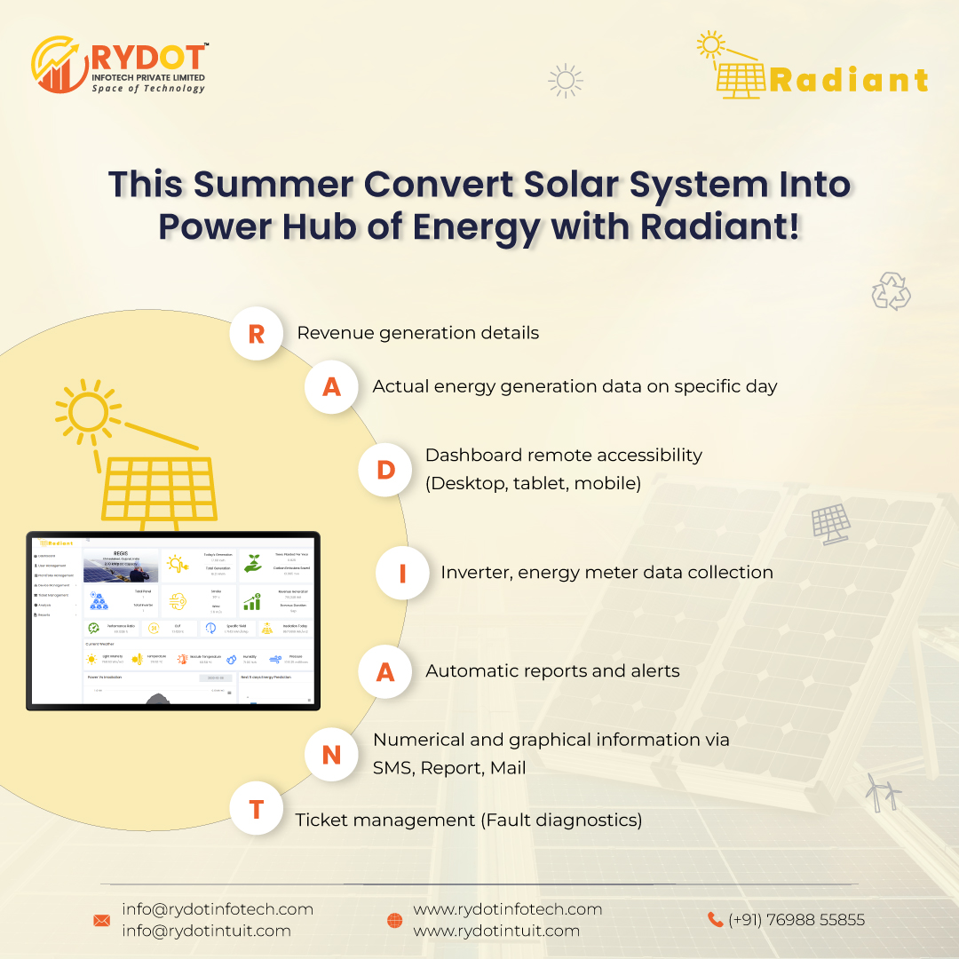 This summer, bring your solar installation at optimum level with our IoT- based solar power monitoring system called “Radiant”.

#solarenergy #RenewableEnergy #SustainableLiving #CleanEnergy #GreenEnergy #Power #Energy #MonitoringSolutions #solarpowermonitoring #energyefficiency