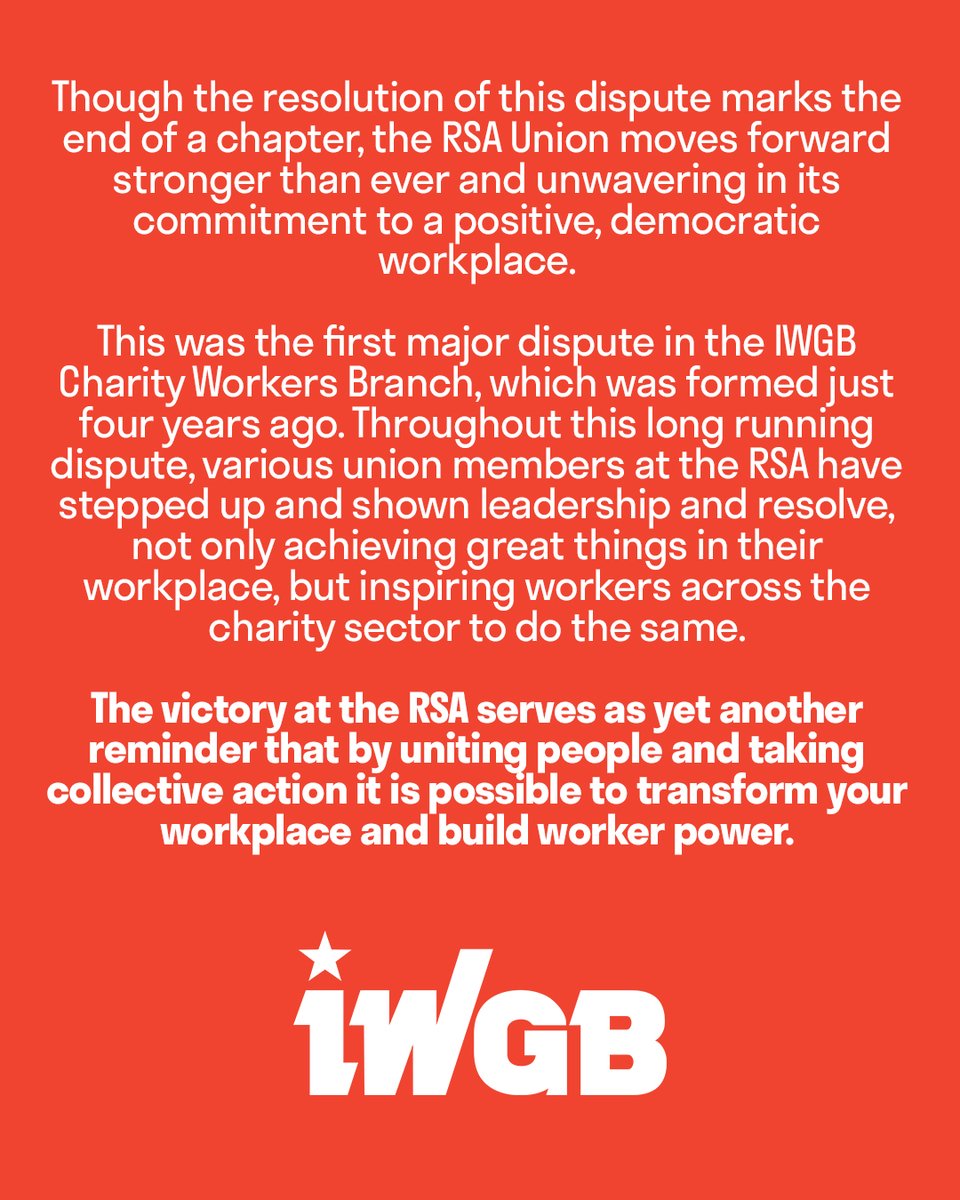 Members at the RSA have accepted an improved offer and this dispute has come to an end. This was the first major dispute in @IWGBcharity, which was formed just four years ago and has inspired many other workers to start getting organised. See the terms of the resolution below: