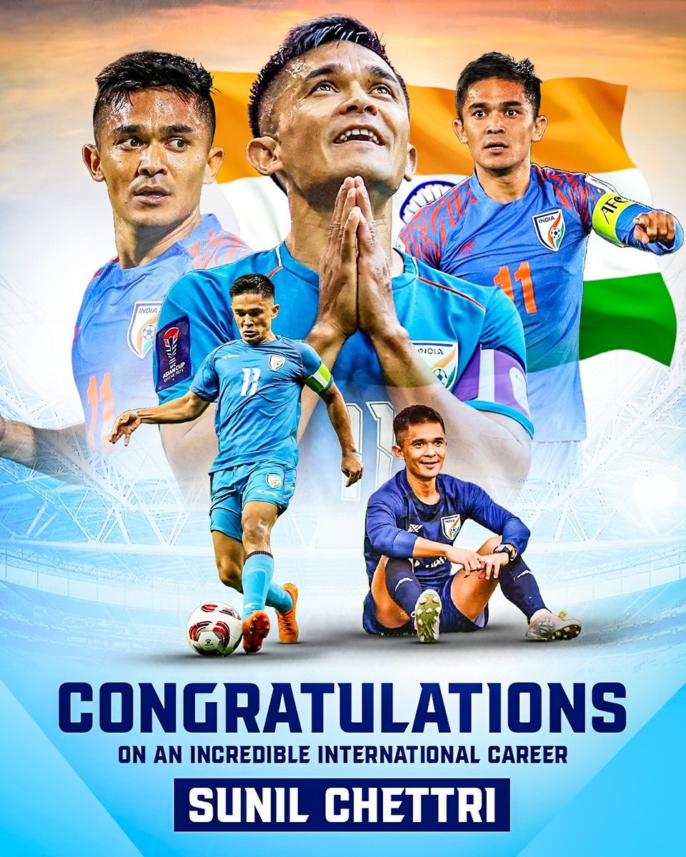 .@chetrisunil11, one of India's most decorated footballers, has announced his retirement from international football. Your dedication and passion have been an inspiration to millions. As a pioneer of Indian football, you've not only achieved remarkable success but also elevated
