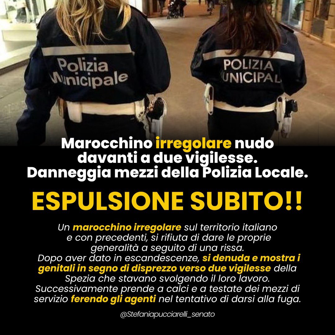 Espulsione immediata per questo violento. Oltre alla violenza contro le Forze dell’Ordine si è denudato difronte alle due vigilesse della pattuglia in segno di disprezzo nei loro confronti in quanto donne. Espulsione immediata per questo violento irregolare sul nostro territorio!