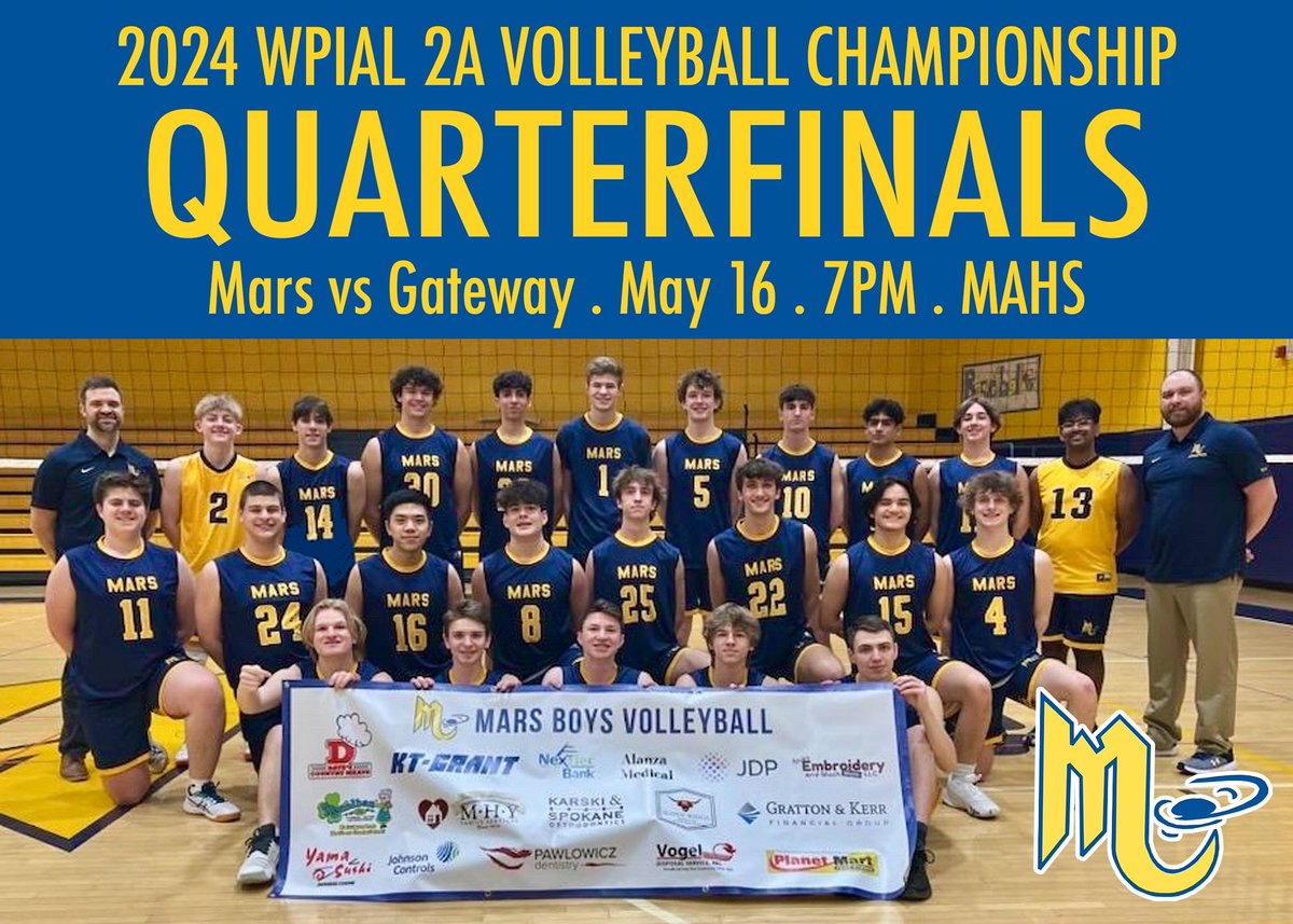 🏐🎉 It’s Game Day!! Good luck to the Fightin’ Planets as they take on Gateway in the quarterfinals of the 2024 WPIAL Class 2A Boys Varsity Volleyball Championship at 7 PM, at #marsarea High School. 🎟️: gofan.co/wpial. #LetsGoPlanets #marsproud