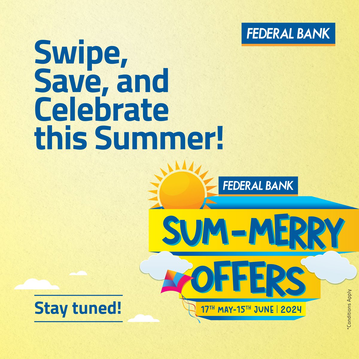 Get ready for exciting summer offers and deals, on Federal Bank Credit Cards, coming your way. Stay tuned and keep an eye out for more details! Visit federalbank.co.in for more information. #SumMerry #Offers #FederalBankCreditCards