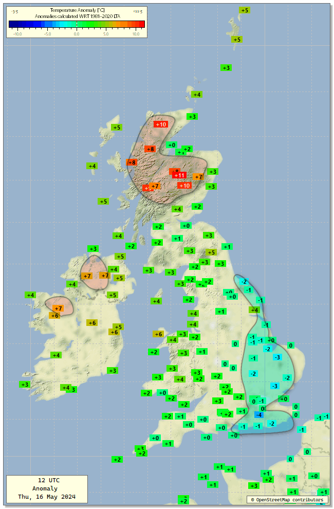 16 May 2024
12 UTC
Temp Anomalies
A very warm day across inland Highlands once again.
The highest anomaly (11.5) from the SYNOPs is at 1245 M on Cairngorm with a temp of 14.8°C.
Negative anomalies in rain across E England.
#ukweather #heatwave
@bbcweather @metoffice