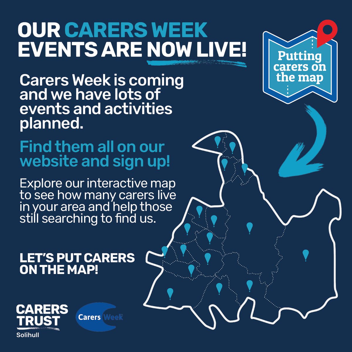 #CarersWeek is fast approaching; 10th - 16th June and we've been busy getting lots of events & activities prepared for our #unpaidcarers: buff.ly/3WEdzZT
Explore our virtual map of Solihull and help us to 'Put Carers On The Map'. 

#carers #Solihull #CarersWeek2024 #care