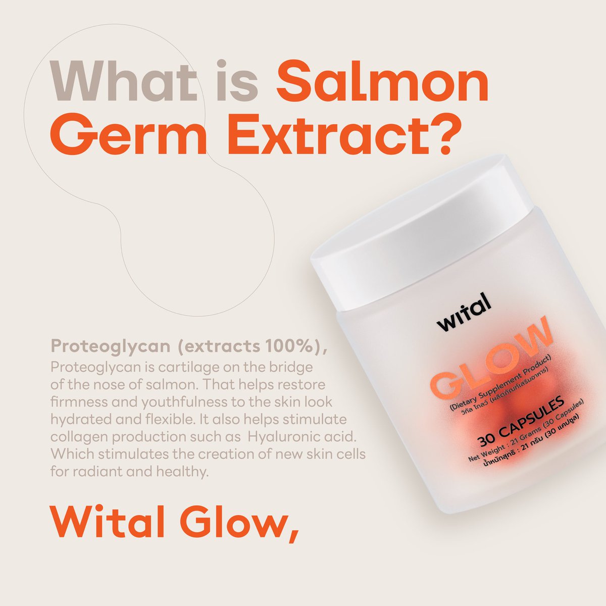 What is Salmon Germ Extract in Wital Glow? สารสกัดจากจมูกปลาแซลมอน ใน Wital Glow คืออะไร สารสกัดจาก Proteoglycan 100% กระดูกอ่อนบริเวณสันจมูกของปลาแซลมอน ที่ช่วยคืนความเต่งตึงและอ่อนเยาว์ให้กับผิว ให้ดูมีน้ำมีนวล และยืดหยุ่ด และยังช่วยเร่งการกระตุนสร้างคอลลาเจน กรดไฮยารูโลนิค