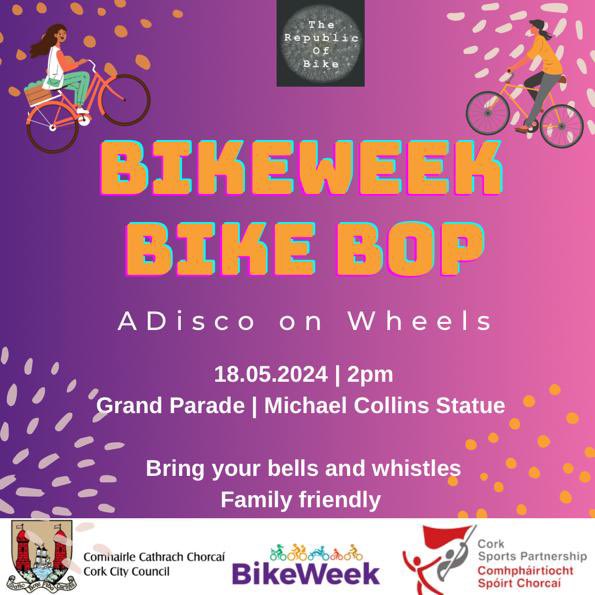 📣🤩 @CorkBikeWeek #BikeBop is back! 🚲 @rep_of_bike will be rocking & rolling all the way through the streets of #Cork this coming Saturday! The Bop will end at The Lough to join the #BikeWeekCork Bikers BBQ 🥳🌟💃🕺🏼🎵