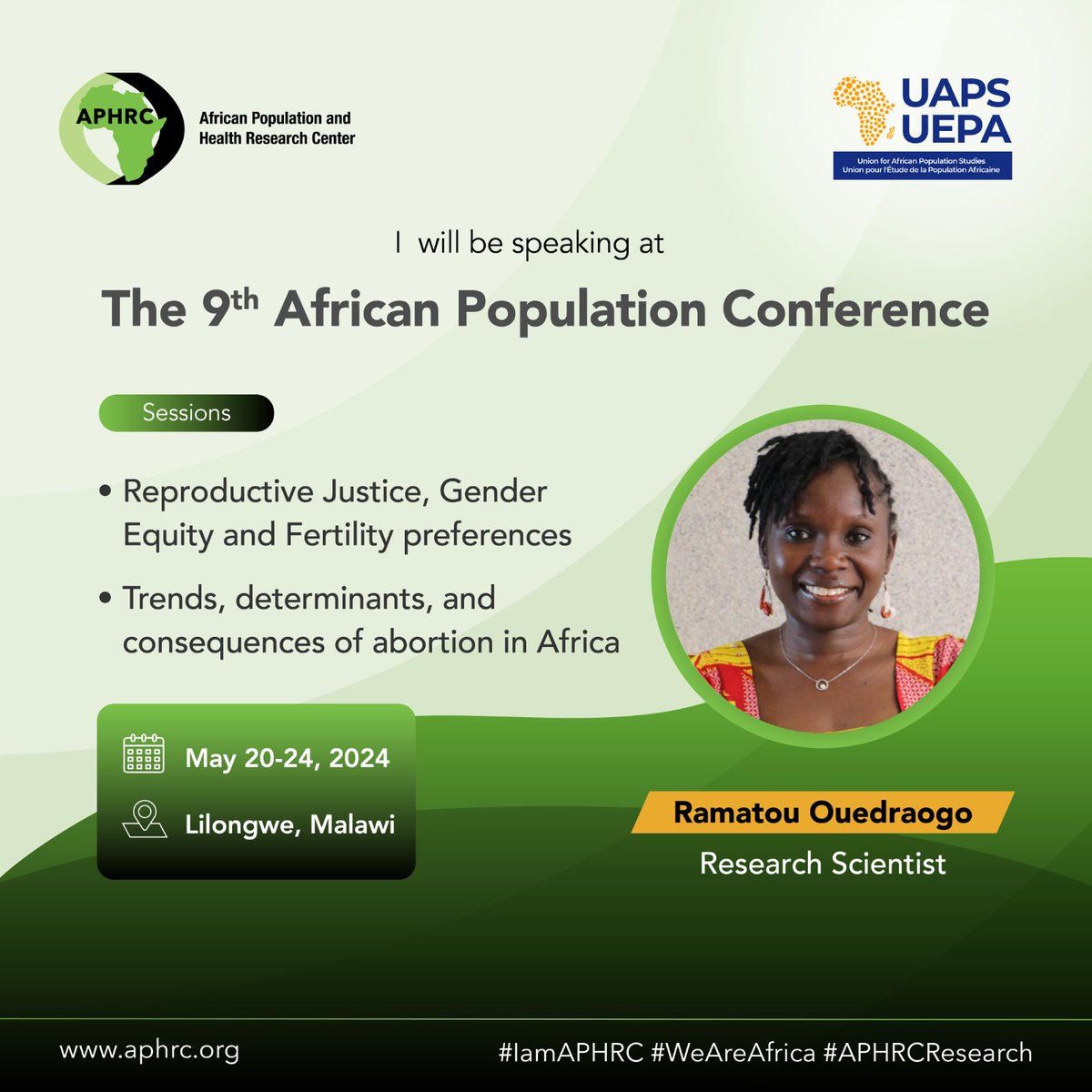 APHRC at the 9th  African Population Conference by @UAPS_UEPA.

Ramatou will be sharing insights on how reproductive injustice can lead to infanticide & abortion and methods used in informal settlements in Nairobi, Kenya.

#APC2024 #9thAPC
#APCMalawi #WeAreAfrica #APHRCResearch