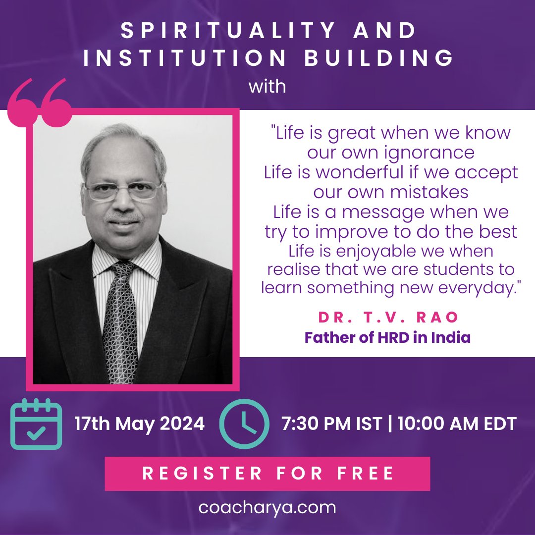 Join Dr. TV Rao and Ujjaval K Buch for a thought-provoking chat on building organizations that nourish the soul.

Make sure you register for this free event! (Limited Seats Left)
Link: lnkd.in/dgx2Gpvk

#spirituality #leader #coaching #OD #professionaldevelopment