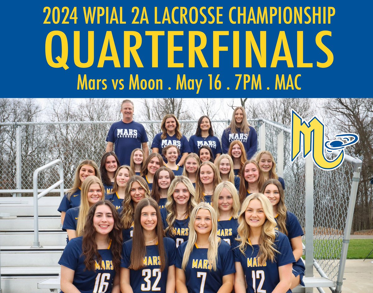 🥍🎉 It’s Game Day!! Good luck to the Lady Planets as they take on Moon in the quarterfinals of the 2024 WPIAL Class 2A Girls Varsity Lacrosse Championship at 7 PM, at Mars Athletic Complex. 🎟️: gofan.co/wpial. #LetsGoPlanets #marsproud