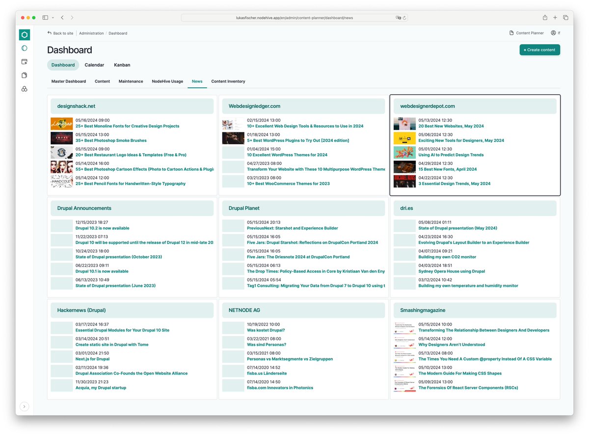 netnode's tweet image. We recently launched an updated RSS Feed widget for the Drupal/NodeHive dashboard. Consider using the Drupal Dashboard as your feed reader!
The dashboard displayed below is constructed using the Drupal Content Planner module (Version 2) coupled with the RSS Feed Widget.
#drupal
