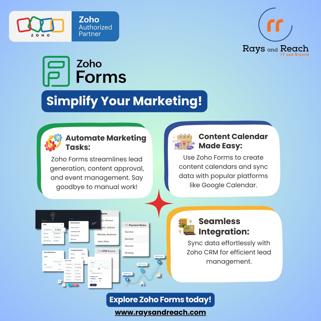 Rays_and_Reach's tweet image. Transform your data collection game with @Zoho Forms ! 🚀 Effortlessly create, share, and analyze forms with our intuitive platform. Revolutionize your business processes today! 

#ZohoForms #DataCollection #Efficiency #RaysAndReach #ZohoPartner #ZohoOne