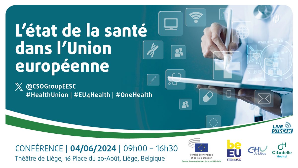 Participez aux débats à Liège 🇧🇪: 🔹Engagement en faveur d’«Une seule santé» 🔹Impacts des innovations numériques 🔹Soutenabilité & pérennité des systèmes de #santé 🔹Lutte contre les inégalités: les maladies rares Inscrivez-vous avant le 28/5 👉europa.eu/!XHVcmN #EU2024BE