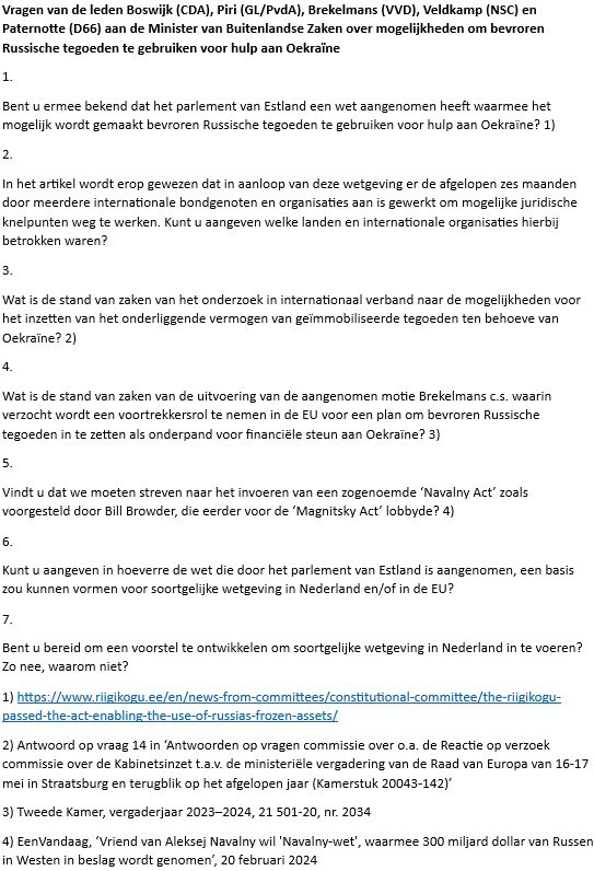 Zojuist samen met @rubenbrekelmans @KatiPiri @CasparVeldkamp en @jpaternotte schriftelijke vragen ingediend over het gebruik van Russische tegoeden voor herstel van schade in Oekraïne. Daarbij heeft net ook een meerderheid mijn voorstel gesteund voor een gesprek met experts.