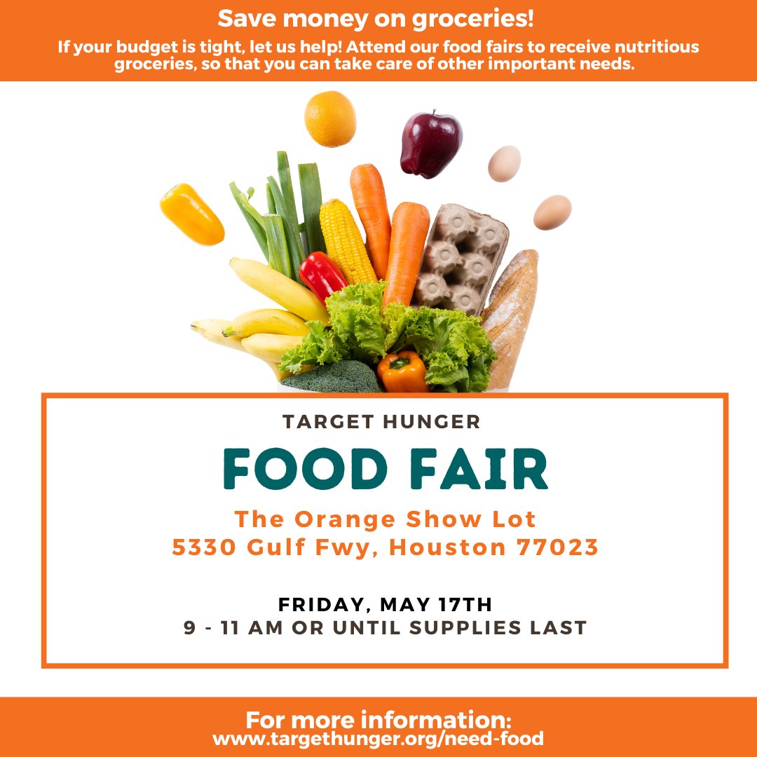 If you need food - there will be a Food Fair tomorrow!
🍊
Food Fairs are open to anyone, you do not have to be a client to attend.
🥕
Please note that all events are subject to cancellation based on weather.
#freefood #foodpantry #houstonfoodpantry #houstonfood #needfood