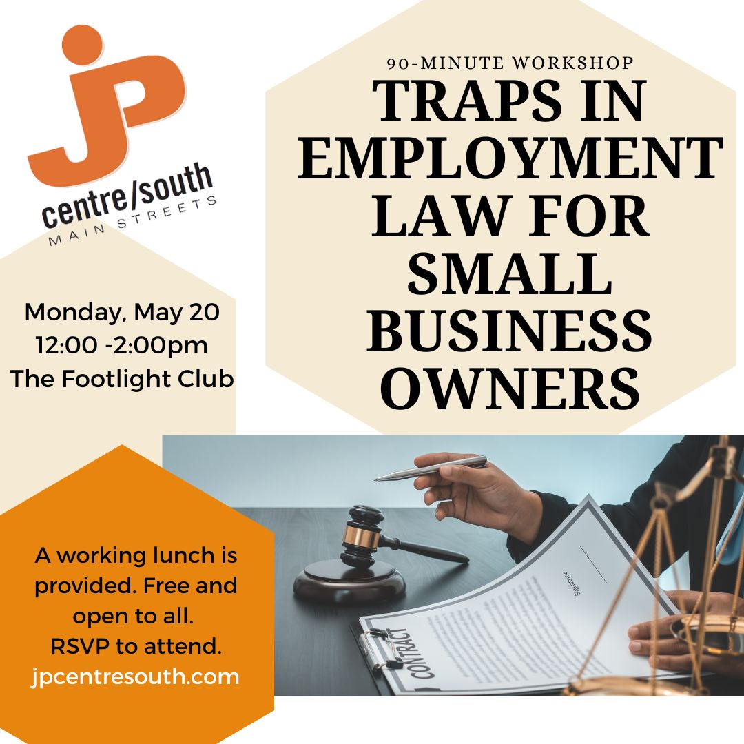 Are you breaking the law? #employmentlaw is tricky but you can learn what you need at our #workshop. Free and open to all, includes #freelunch. RSVP at explore.jpcentresouth.com/events/ #jamaicaplain #Boston #smallbusinessowners #smallbusiness #entrepreneurs