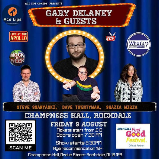 Comedy star @GaryDelaney headlines this big #FeelGoodFest24 warm up show the night before the festival on Friday 9 August. 😂 He'll be joined at the comedy special by the brilliant @steveshanyaski, @shaziamirza1 and MC Dave Twentyman. Book now ➡️ whatsoccurrinrochdale.co.uk/event-details/…