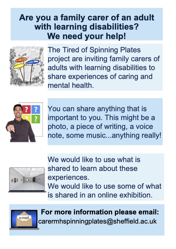We are inviting family carers of adults with learning disabilities to take part in the Tired of Spinning Plates project. Please see our poster for more information and follow this link if you would like to sign up: mmu.eu.qualtrics.com/jfe/form/SV_2n…