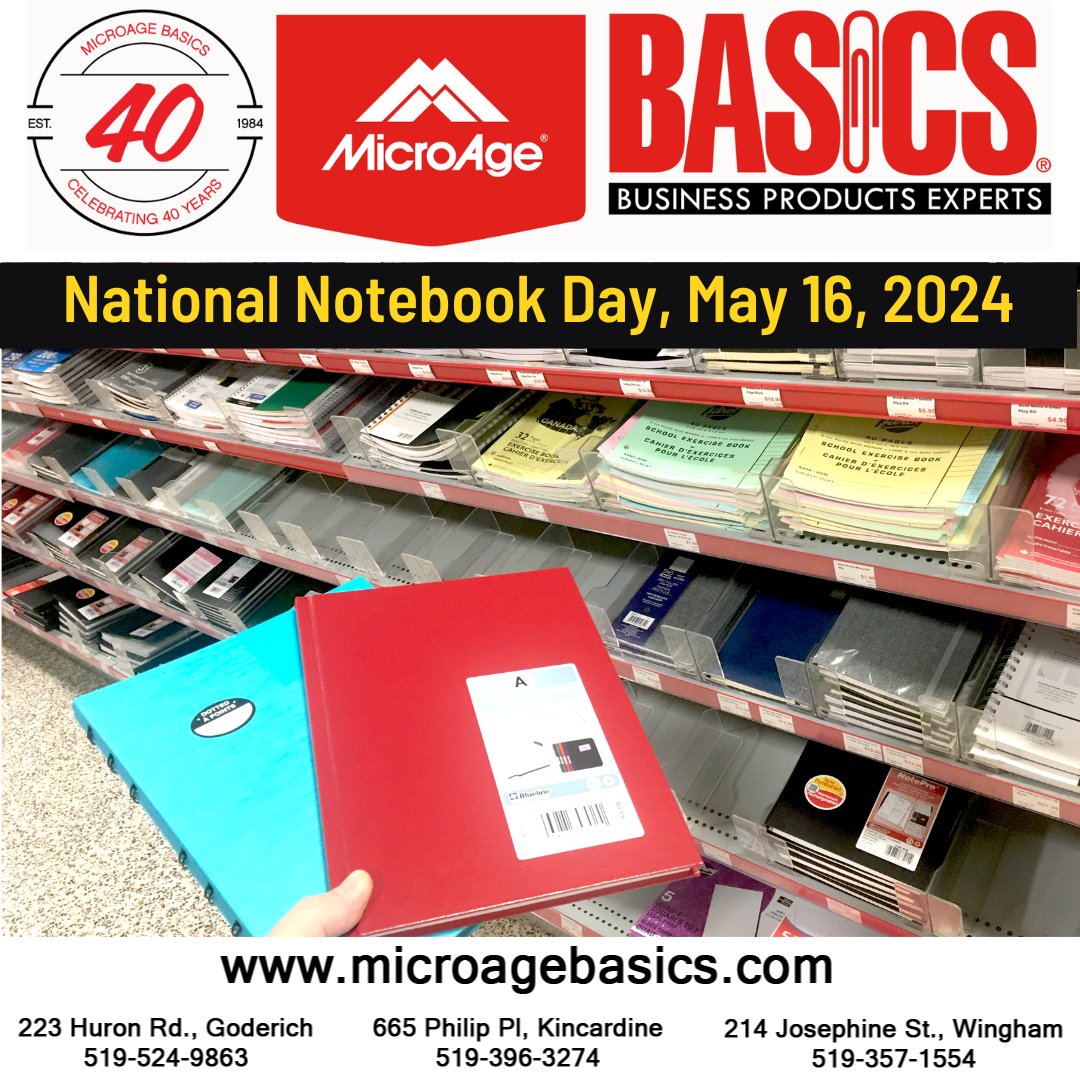 MicroageG's tweet image. Hey! It’s National Notebook Day on May 16, 2024.  You must check out the wide selection of notebooks from hard cover, soft cover, multiple colours and sizes.  We have the notebook for you here at MicroAge Basics.  See us on the 16th!  #notebook #notebookday #microagebasics