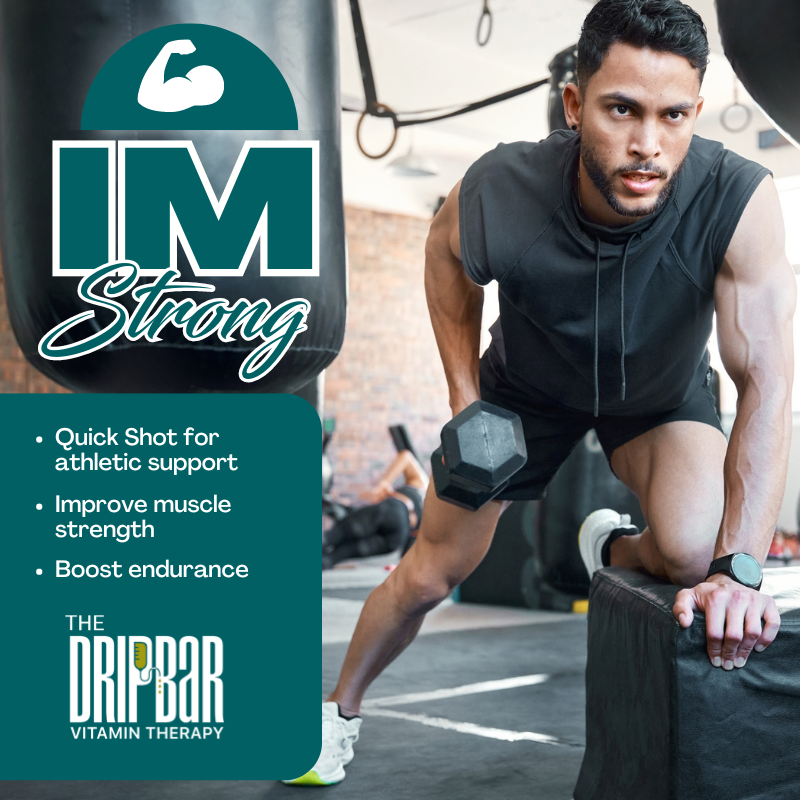 The IM Strong Quick Shot is a great way to boost athletic performance when you can't do a full IV Drip. (Not intended to diagnose, treat, cure, or prevent any disease.  Please see FDA Disclaimer on our website.)  #TheDRIPBaRRochesterHills #RochesterHills