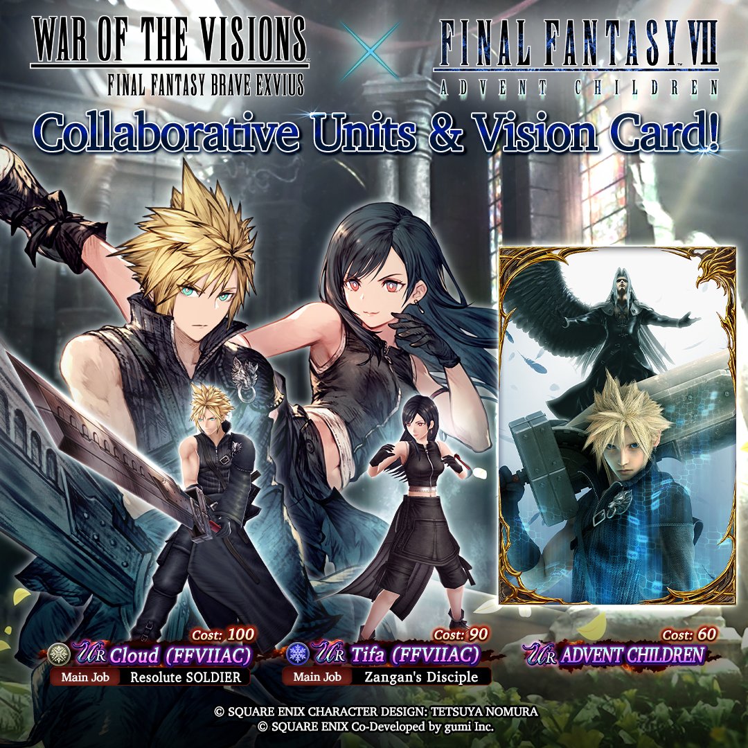 wotvffbe's tweet photo. ／
The FFVIIAC Collaboration begins in #WOTVFFBE!
＼
- UR Cloud (FFVIIAC), UR Tifa (FFVIIAC), and UR "ADVENT CHILDREN" Holo-Vision Card arrives!
- Earn up to 2,500 Visiore from the Login Bonus!
- Get MR Zangan Fists from the Challenge Missions! https://t.co/hKFZKoccff