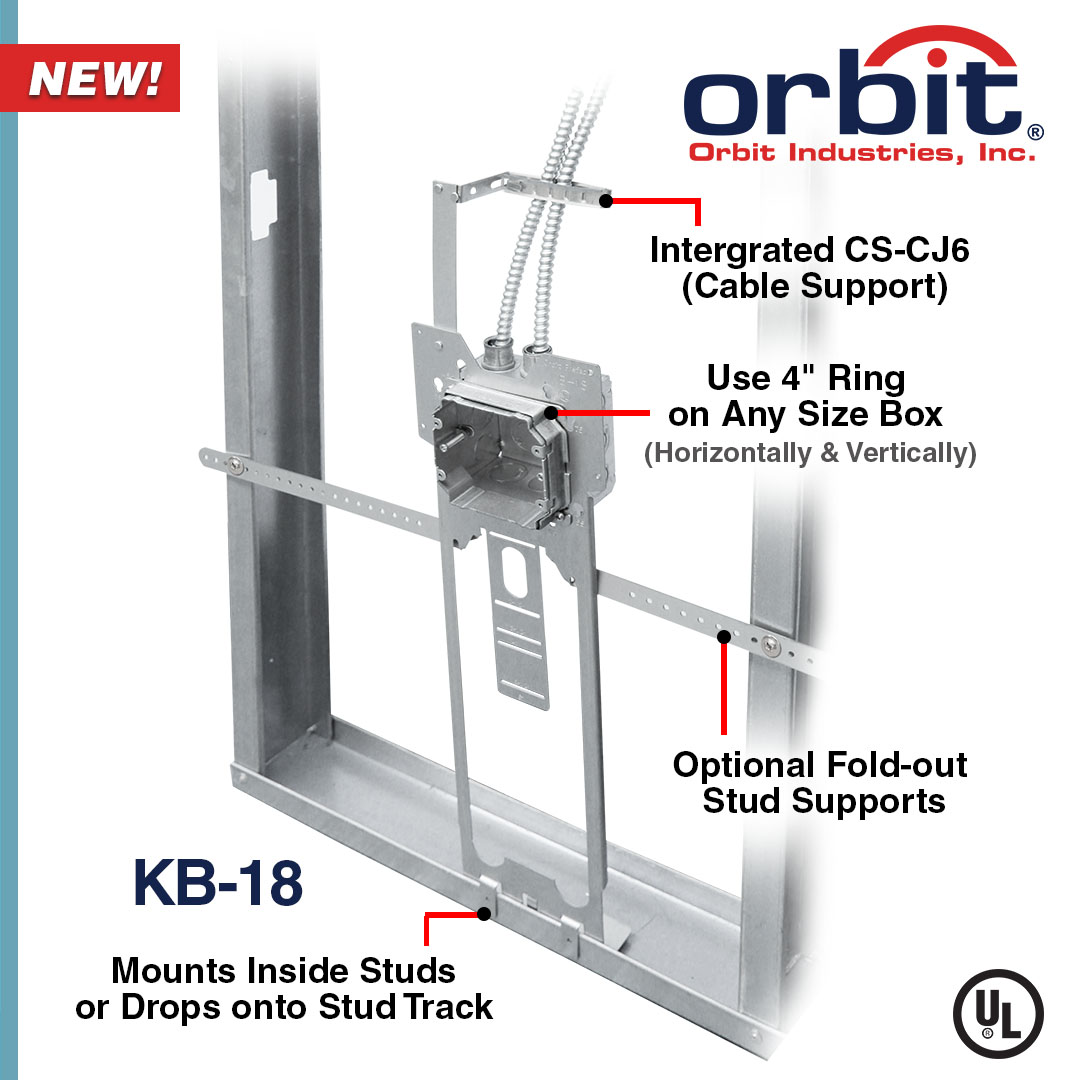Orbitinc's tweet photo. We made some updates to the industry's favorite Single Box Floor Bracket -- KB-18. Tailored for 4", 4-11/16", and 5" sq. boxes, the floor bracket is perfect for installing a box set at 18” box center. Effortlessly add a second box with UMA-LVBS. Swipe to see more features https://t.co/rrKexEW1pv