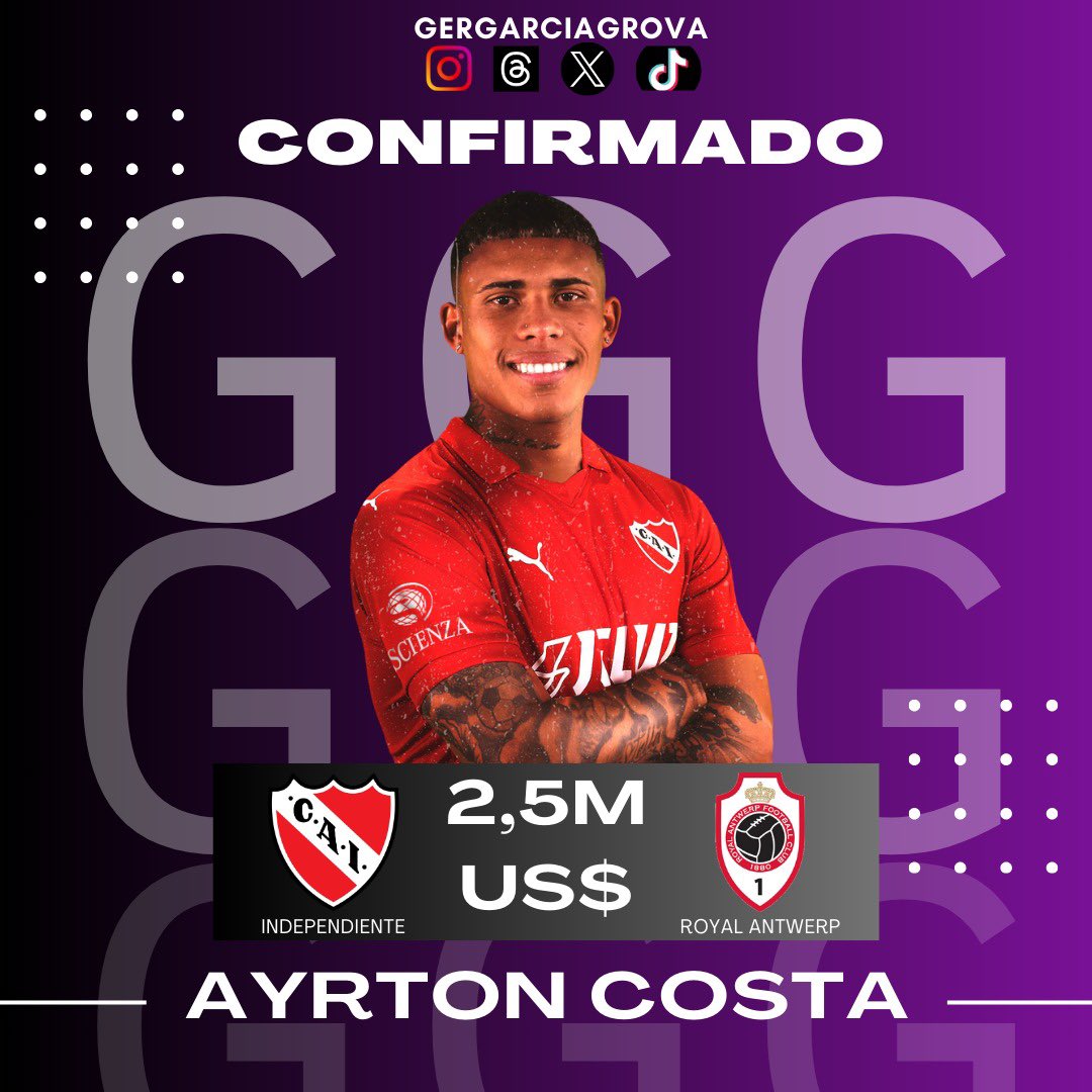 🚨#RoyalAntwerp 🇧🇪  paga US$ 2.500.000 brutos por el 100% de Ayrton Costa

👉🏾#CAI se queda con 10% de plusvalía.

✍🏾 por cuatro temporadas.