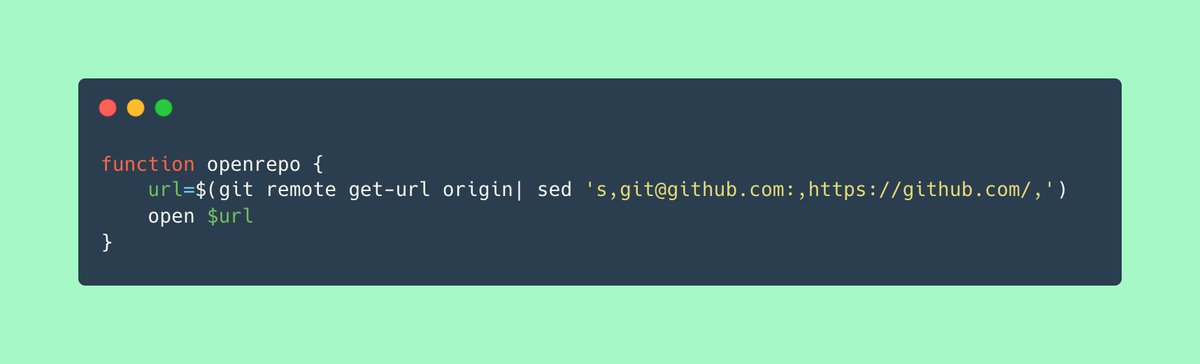 bbelderbos's tweet image. 🚀 Quickly jump from your local #git repository to its corresponding GitHub page with this handy shell alias! ✨

🔗 Add `openrepo` to your shell profile or rc file, source it, and now you can simply type `openrepo` in your terminal to open your GitHub repo. 😎

#GitHub #DevTip